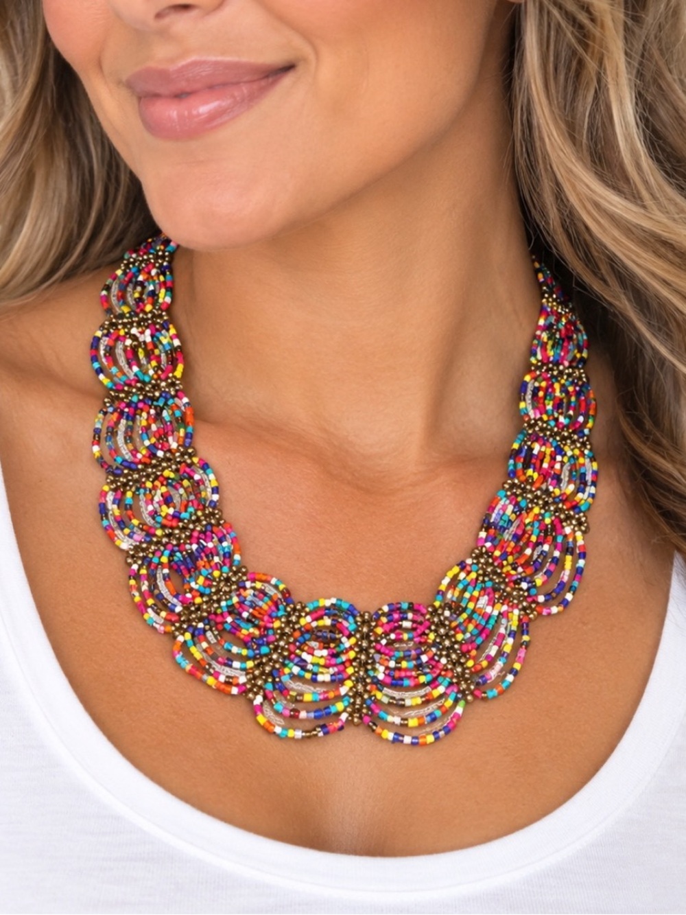 Colorful statement necklace featuring multiple strands of tiny seed beads